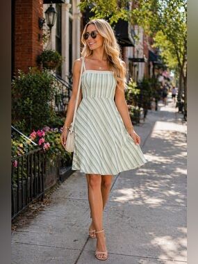 LOFT Green and White Striped Sundress with Spaghetti Straps